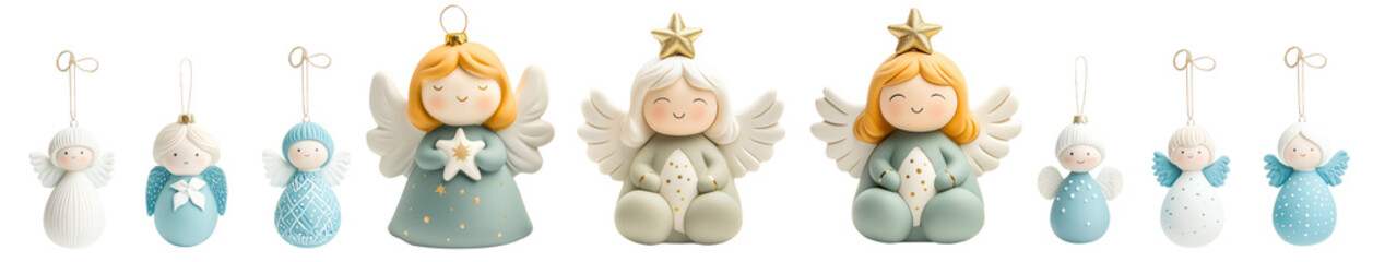Obraz premium A charming angel figurine with blue accents, isolated on white background, representing Christmas joy and innocence.