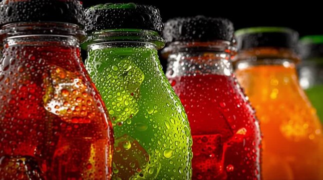Flavor development lineup: diverse fruity drink bottles displaying vivid hues from green to orange with condensation droplets