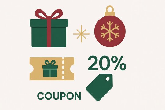 Christmas themed promotional discount featuring wrapped gifts holiday ornaments and coupon for 20 percent off creating festive shopping excitement captured with clarity