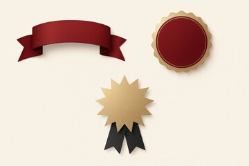 Creative gold and red badge designs with ribbon elements featuring a textured background for award achievements and recognition in branding or promotional contexts