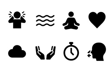 Anxiety Relief Icons. Anxiety Relief. Filled icon set of Anxiety Relief: tense figure, calming waves,