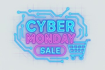 Cyber Monday sale illuminated neon sign in blue and pink showcasing digital commerce innovation with high tech circuitry background and vibrant shopping cart design