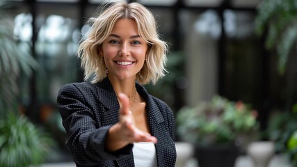 A confident woman holds out her hand in a welcoming gesture. She's wearing a business suit and looks friendly.