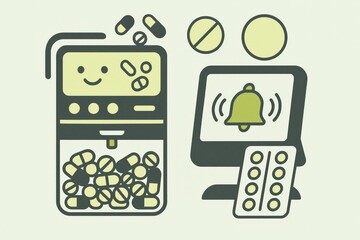 Simplified medication dispenser alert next to a smartphone app interface displaying dosage reminders with a playful design for engaging user experience in health management