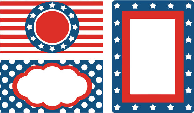 Patriotic themed labels with stars and stripes art patriotic, labels, stars, stripes, art, red, white, blue, circle, rectangle, cloud, border, design, pattern, graphic, template, frame, illustration, 