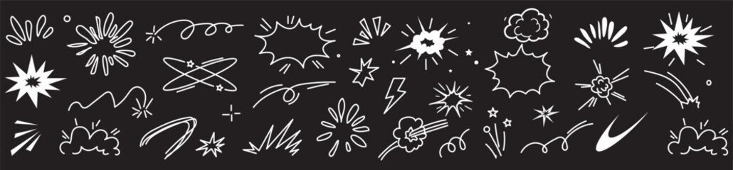 Line speed cartoon effect, boom explosive motion line element set. Comic boom burst, explosive smoke, line speed cartoon vector icon. Hand drawn sketch doodle action effect. Vector illustration