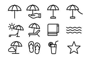 Poolside Umbrella Icons. Poolside umbrella. Line outline icon set of poolside umbrella: parasol, hand, base,