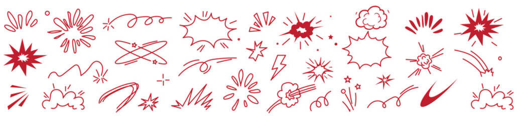 Line speed cartoon effect, boom explosive motion line element set. Comic boom burst, explosive smoke, line speed cartoon vector icon. Hand drawn sketch doodle action effect. Vector illustration