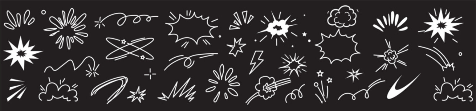 Line speed cartoon effect, boom explosive motion line element set. Comic boom burst, explosive smoke, line speed cartoon vector icon. Hand drawn sketch doodle action effect. Vector illustration