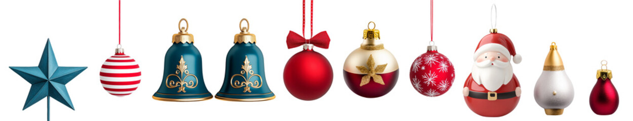 Collection of colorful Christmas tree decorations including baubles, bells, stars, and Santa, isolated on white background.