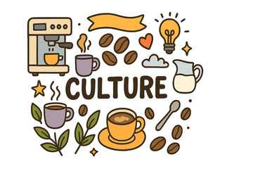Coffee Culture Doodles. Coffee culture. Hand-drawn doodle illustration of coffee culture. Espresso machine,
