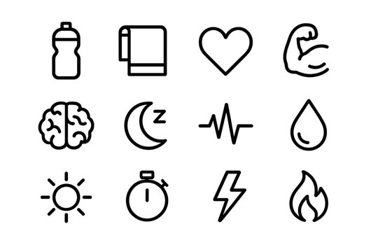 Exercise Recovery Icons. Exercise recovery. Line outline icon set of exercise recovery: water bottle, towel,