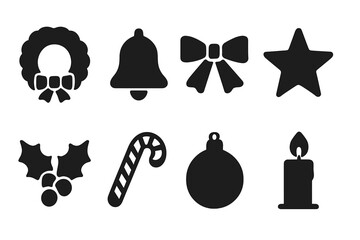 Festive Icon Collection. Festive Accessories. Filled icon set of Festive Accessories: wreath, bell, ribbon,