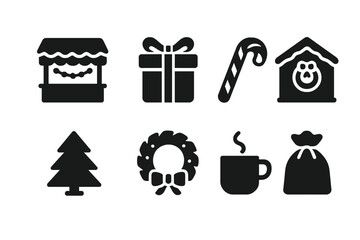 Christmas Market Icons. Christmas Market. Filled icon set of Christmas Market: miniature stalls, gifts, candy,