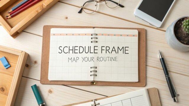 Engaging workspace with planner open to schedule frame for mapping daily routine and productivity improvement ideas