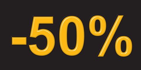 Golden -50 percent discount icon, shiny promotional sale badge, metallic fifty percent offer label for marketing, retail and advertisement