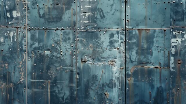Seamless weathered, rusty metal wall with peeling paint. Panning right truck. Landscape Modern background loop.