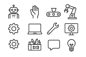 Factory Automation Icons. Factory automation teamwork. Line outline icon set of factory automation teamwork: