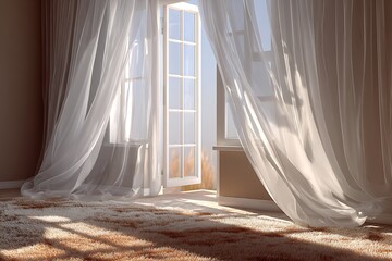Sunlight streaming through sheer curtains onto a textured floor