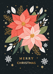 Obraz premium Merry Christmas greeting card set with hand-drawn poinsettia flowers, holly berries, and fir branches. Modern beautiful Xmas design with snowflakes and typography art for a banner, poster, or cover