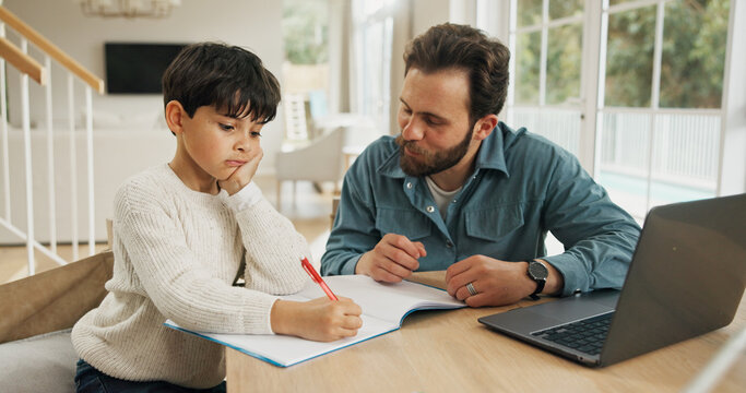 Homeschool, parent or child in house with laptop, teaching or support for academic development. Education, tech or family together at table with writing, homework or guidance in remote learning.