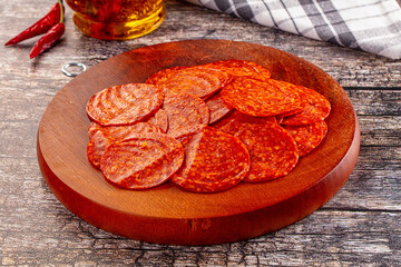 Spicy hot pepperoni sausages slices