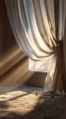 Sunlight streams through sheer curtains onto textured floor