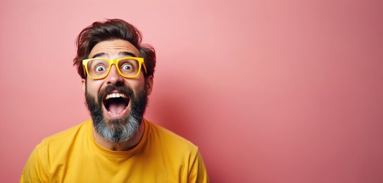 Happy bearded man shouts wow with open mouth in yellow glasses. Surprised excited person looking at camera with amazed face emotion on pink background. Cheerful male model celebrates success with