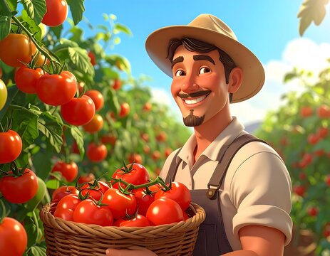 Smiling man in a straw hat, holding a basket of ripe tomatoes in a vibrant garden under a sunny sky - Powered by Adobe