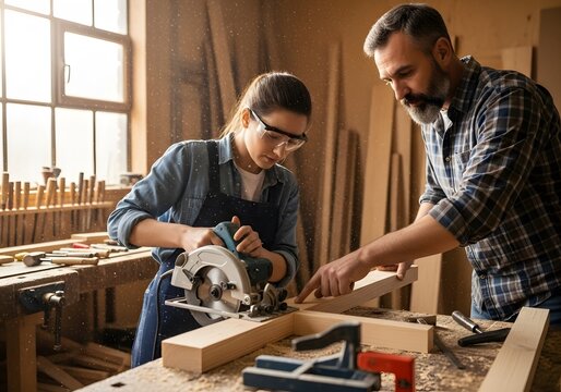 Skilled craftsman mentoring a young female apprentice in carpentry, teaching her how to safely use a circular saw on a wood project in their workshop
