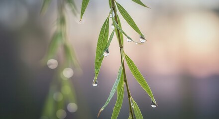 Fototapeta premium Water droplets cling to slender green leaves hanging downward in soft lighting