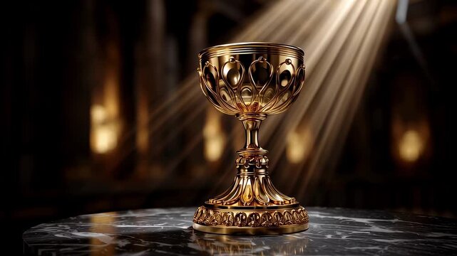 A detailed image of an antique gold chalice with light beams casting down