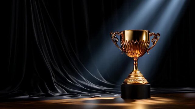 A golden trophy elegantly displayed on a pedestal, illuminated with dramatic lighting