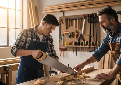 A father passing on the craft of woodworking to his teenage son, guiding him as he saws a plank of wood in a sunlit workshop