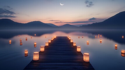 Twilight lakeside dock with glowing lanterns and floating lights beneath a crescent moon — misty, serene nocturnal scene