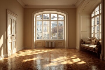 Sunlit hallway with arch window and ornate flooring