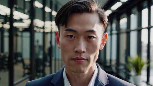 Businessman faces camera with steady gaze. Portrait shows executive in greenhouse office. Leader posture conveys confidence. Professional suit and haircut. Glass structure and plant elements add calm.