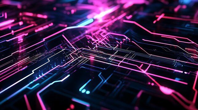 Neon circuit board with glowing pink-blue traces forming abstract digital pathways and futuristic data flow