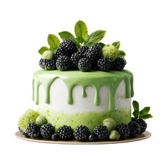 Green and white drip cake with blackberries
