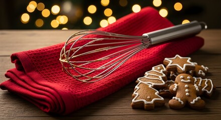 Festive Whisk Beside Gingerbread Cookies