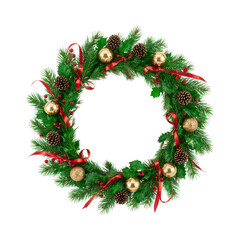 Traditional Christmas wreath with pine, holly, red ribbon, gold ornaments, and pine cones on a grey background with central copy space. © Creatmark