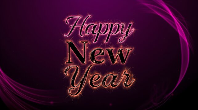 Sparkling happy new year text with glowing lights and abstract purple background with swirling lines