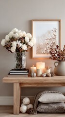 Cozy winter scene with flowers and candles