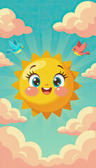 Happy smiling cartoon sun in blue sky with pink cloud and flying bird. cute and cheerful illustration for kids
