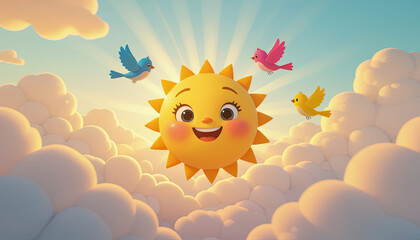 Happy smiling cartoon sun with colorful bird friends flying in bright sky full of puffy cloud. joyful illustration