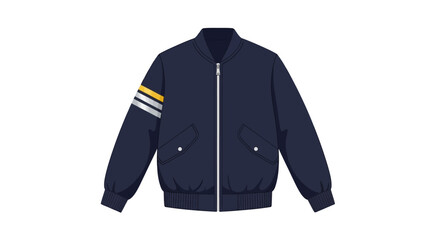 Navy Blue Bomber Jacket with Striped Sleeve Detail.