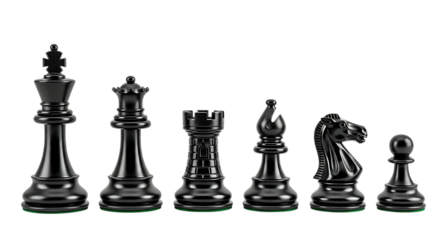 Black chess pieces arranged in a row on transparent background