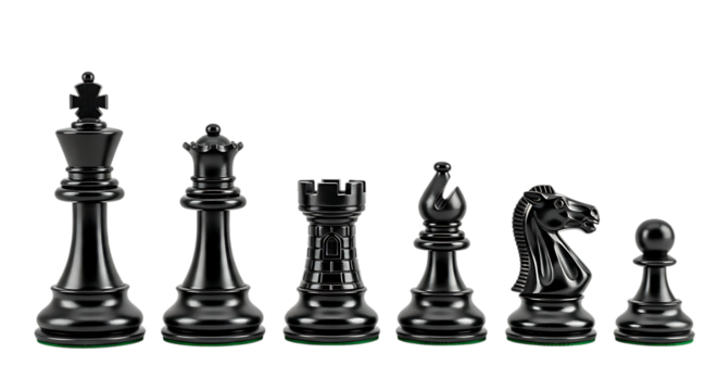 Black chess pieces arranged in a row on transparent background - Powered by Adobe