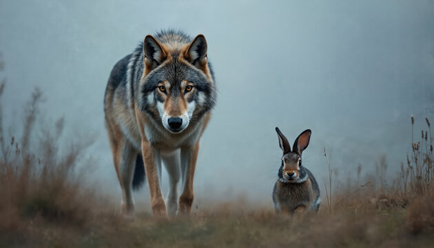 Large grey wolf stands close to small wild rabbit in foggy open field. Predator looks directly at prey with intense eyes. This wild animal encounter highlights nature raw cycle of survival.