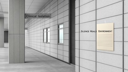 Modern healthcare corridor featuring clinical isolation sign and motivational message about silence and healing in an indoor environment